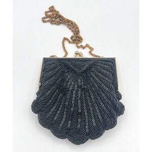 Walborg Vintage Black Beaded Shell Clutch Evening Bag Gold Chain Strap Hong Kong